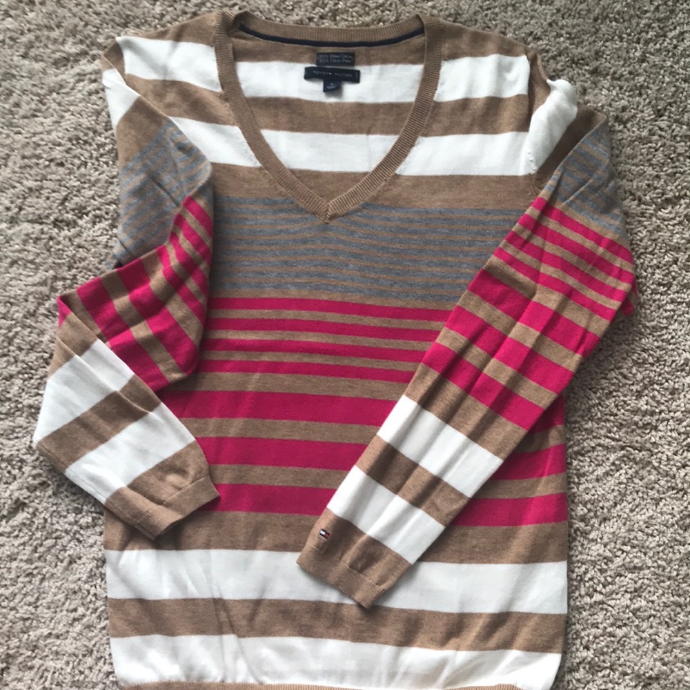 Tommy Hilfiger Brown and Pink V-Neck Sweater - Picture 2 of 9